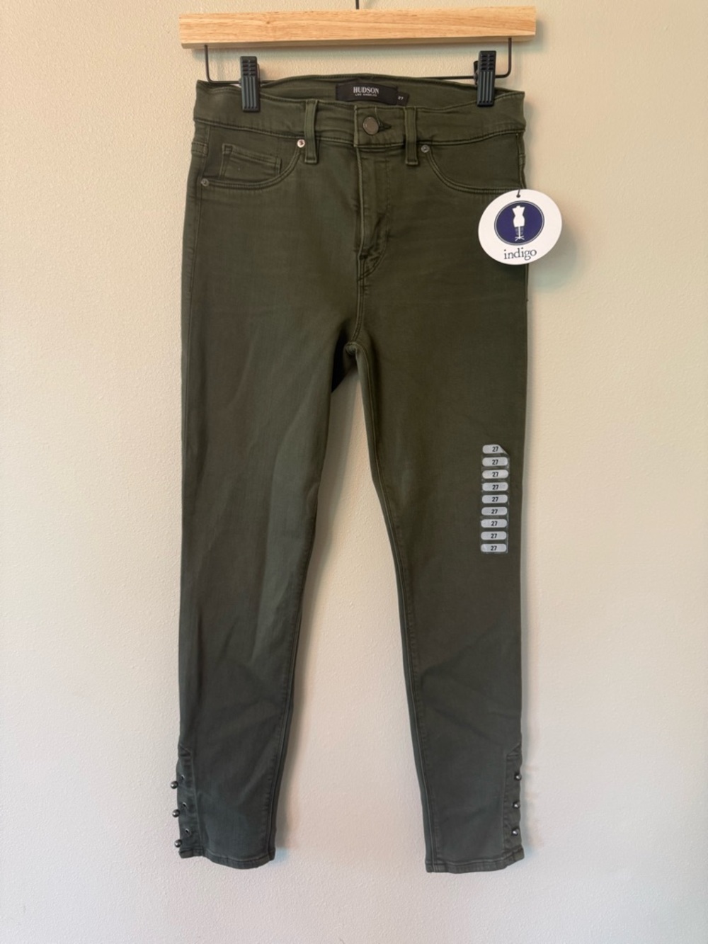 Hudson Nico Super Skinny Jeans 27 Olive Green Studded Ankle NWT Mid Rise